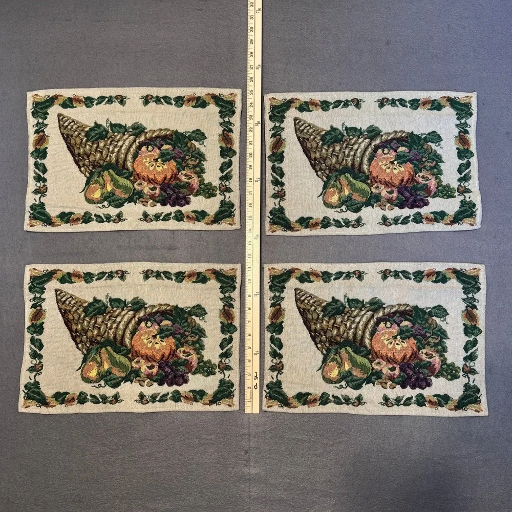 4 Fabric Thanksgiving Cornucopia Placemats White Greenery Imagery 16.75x11.5inch